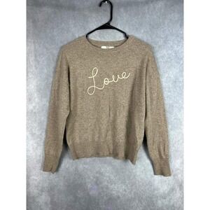 Magaschoni Cashmere Love Script Sweater Oatmeal Tan Crewneck Womens Medium